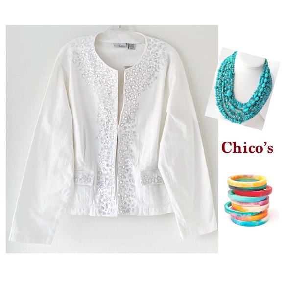 CHICO’S PLATINUM RALEIGH WHITE GEM DENIM JACKET